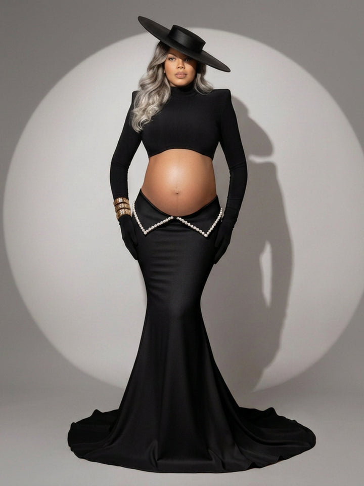 Two-Piece Mock Neck Pearl Trim Maternity Photoshoot Gown YD260931