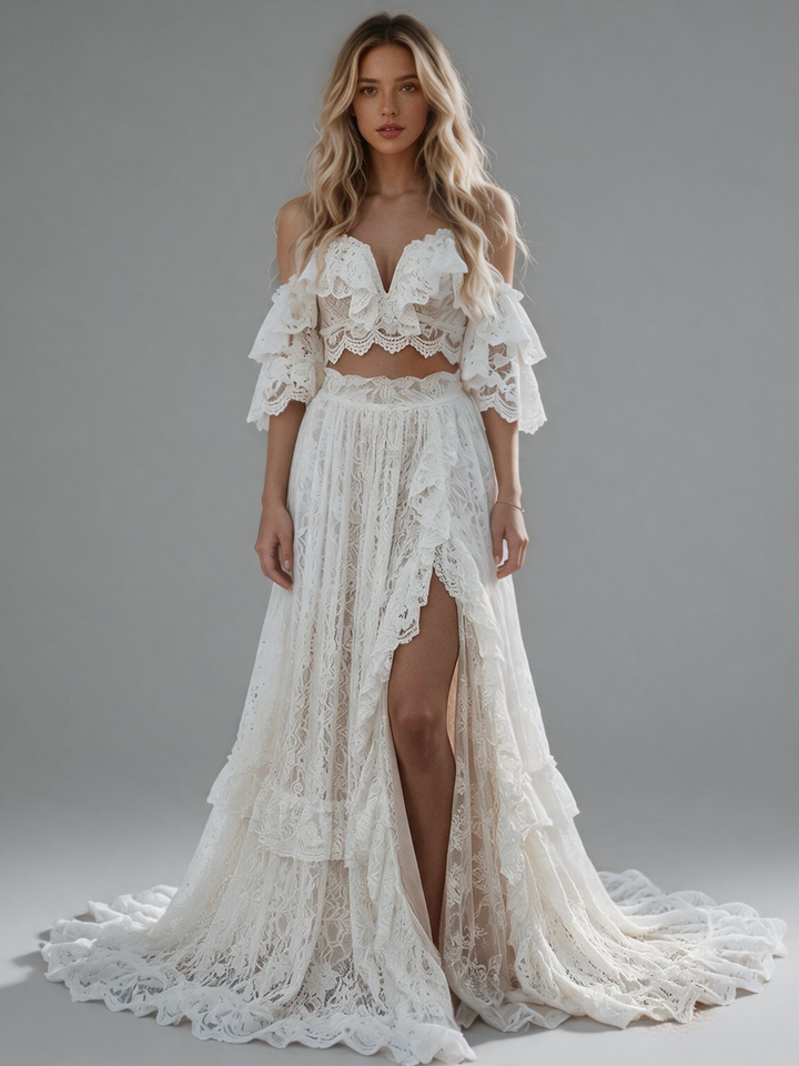 Ivory Lace Two-Piece Off-Shoulder Wedding Dress with High Slit Ruffle Skirt