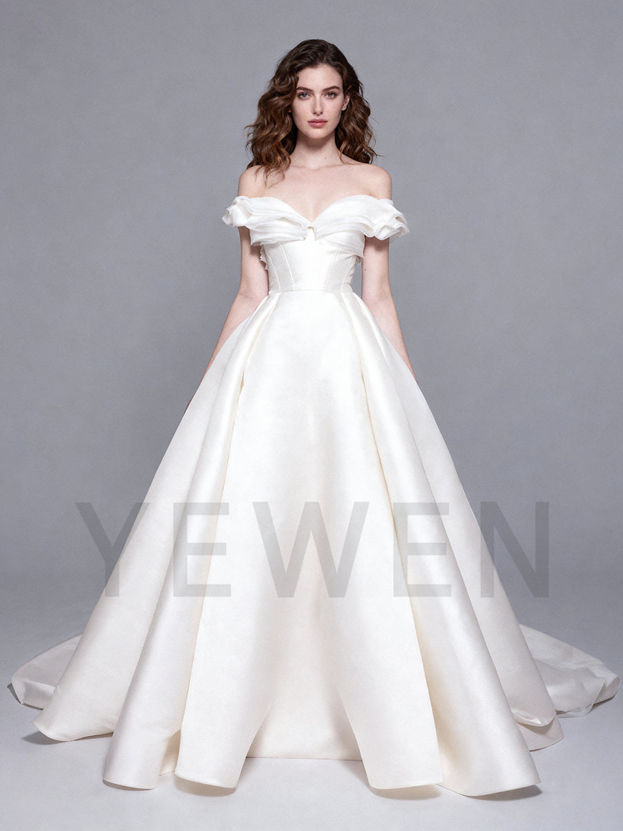 Elegant A Line Satin Wedding Dress Off Shoulder Sweep Train Bridal Gown 2026