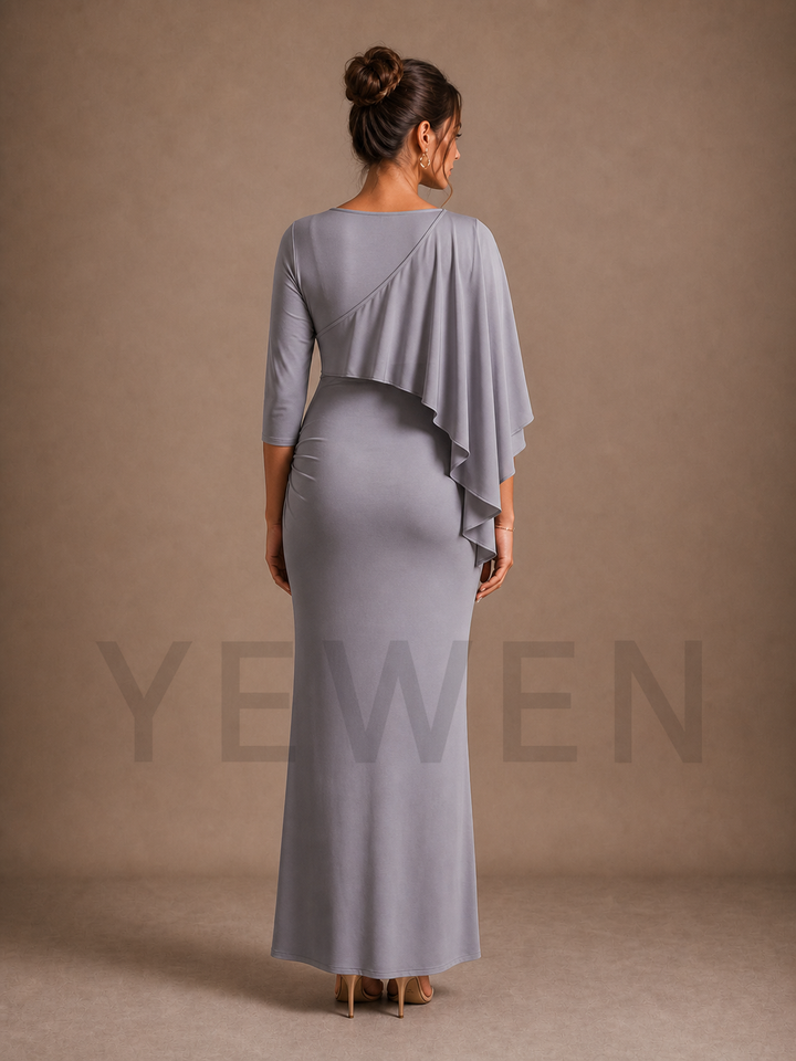 Slate Gray Maternity Baby Shower Dress Boat Neck Gown with Asymmetric Cape ZX020