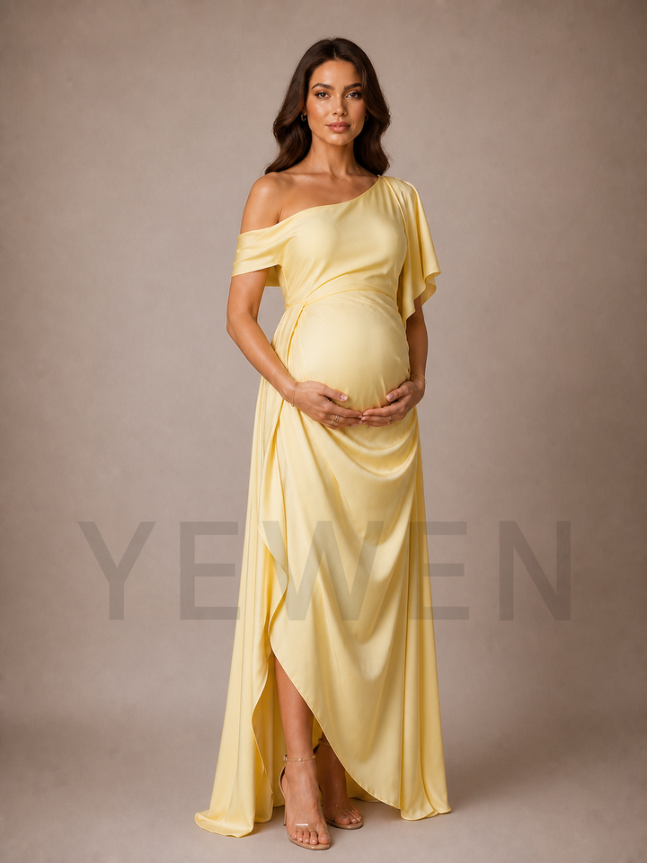 Pastel Yellow Maternity Baby Shower Dress One Shoulder Flutter Sleeve Gown ZX012