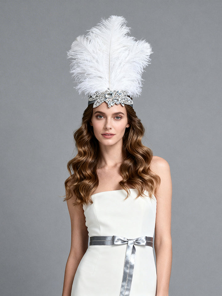 White Feather Gatsby Headpiece with Rhinestones Bridal Headband Hair Accessories for Wedding Photography YW2603112D