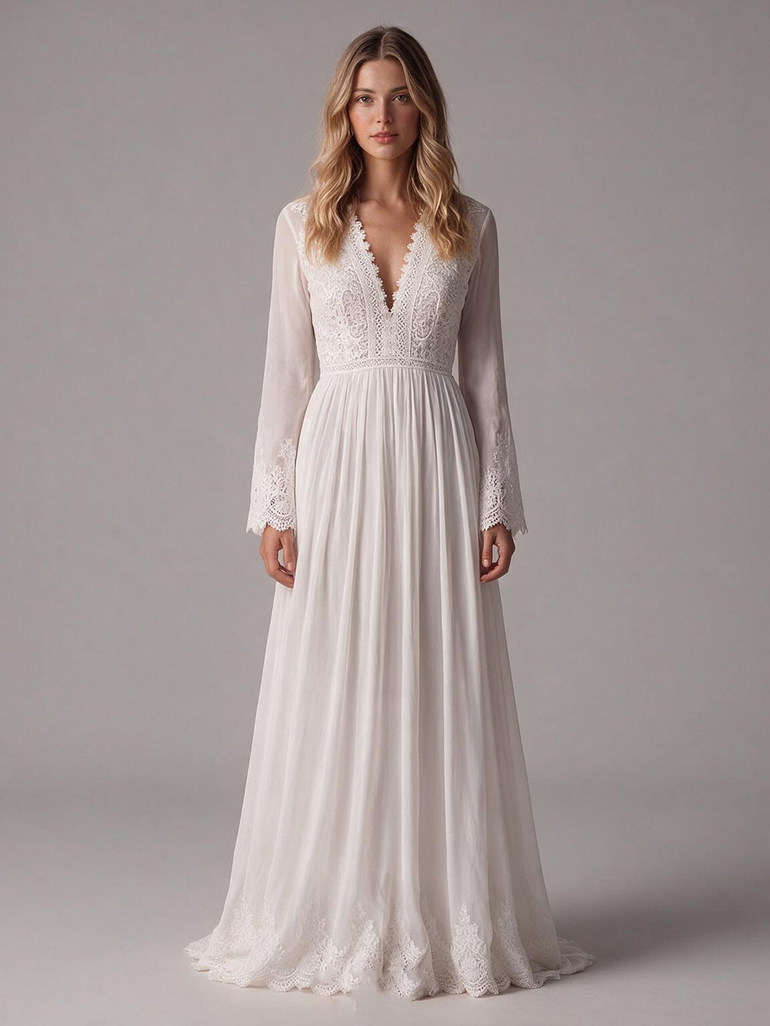 Ivory Deep V-Neck Lace Neckline Sheer Bell Sleeve Boho Wedding Dress