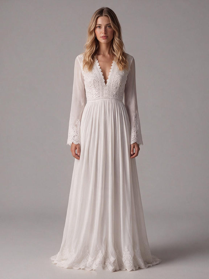 Ivory Deep V-Neck Lace Neckline Sheer Bell Sleeve Boho Wedding Dress