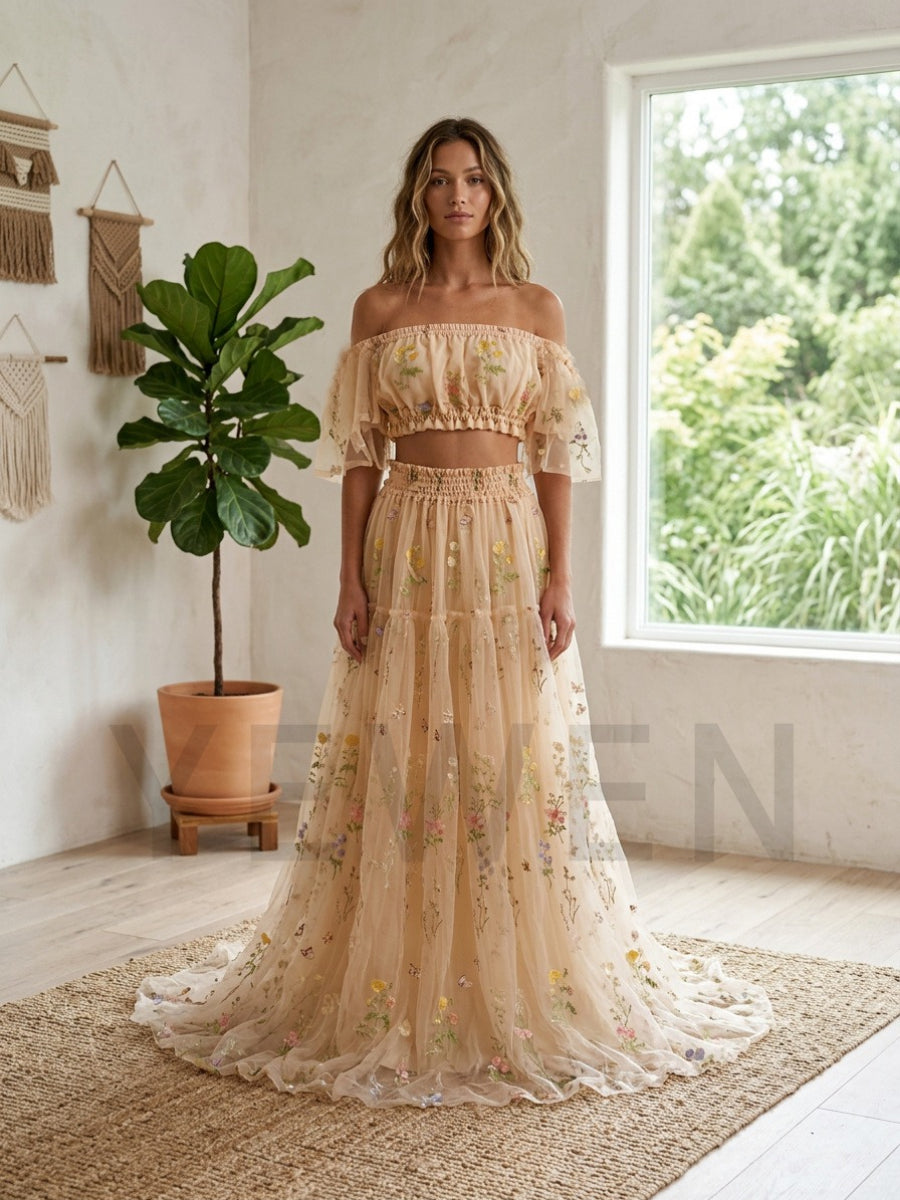 Champagne Two-Piece Off-Shoulder Ruffle Floral Boho Dress TD260839