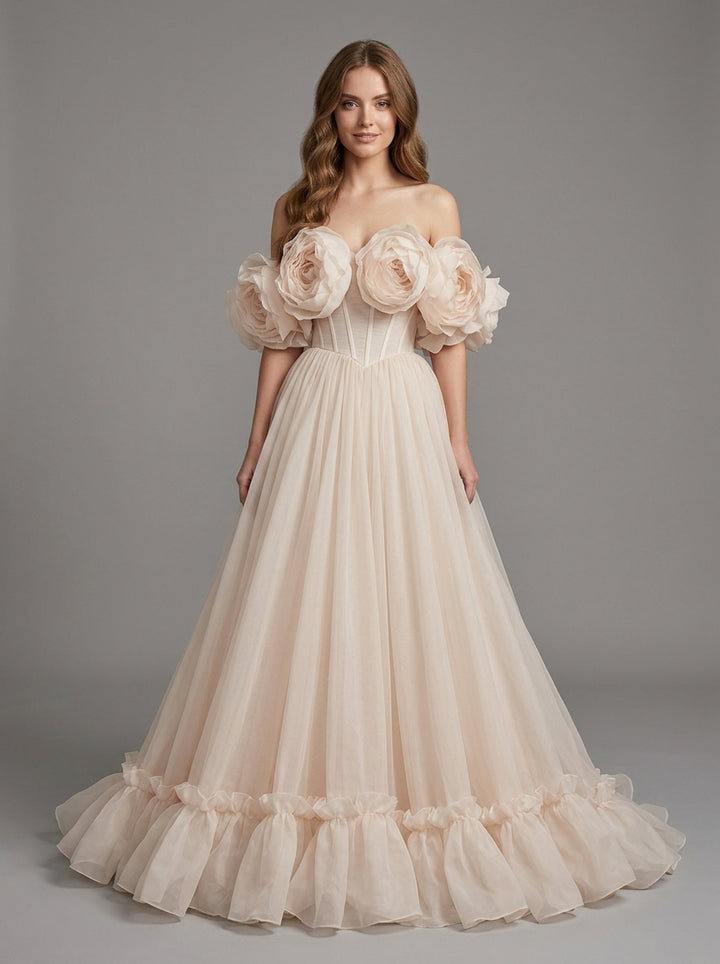 3D Floral Tulle Off-Shoulder Tiered Ruffle Princess Dress YW260367
