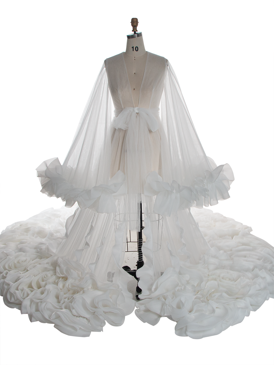 Organza Ruffles Wedding Dresses Long Train Photo Shoot Props Bridal Shower Robe YW250027-1