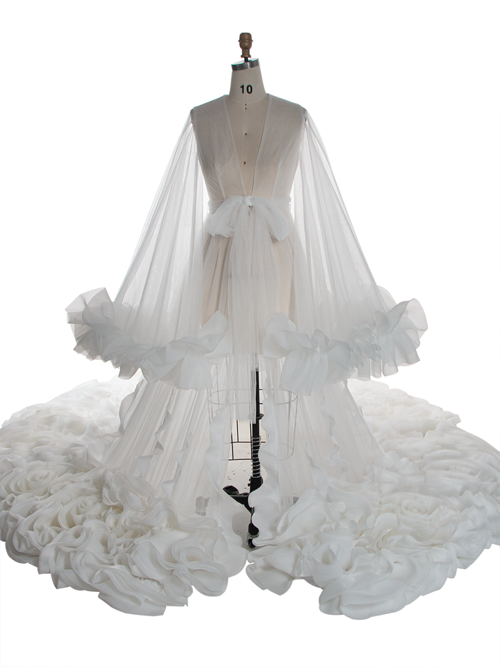 Organza Ruffles Wedding Dresses Long Train Photo Shoot Props Bridal Shower Robe YW250027-1