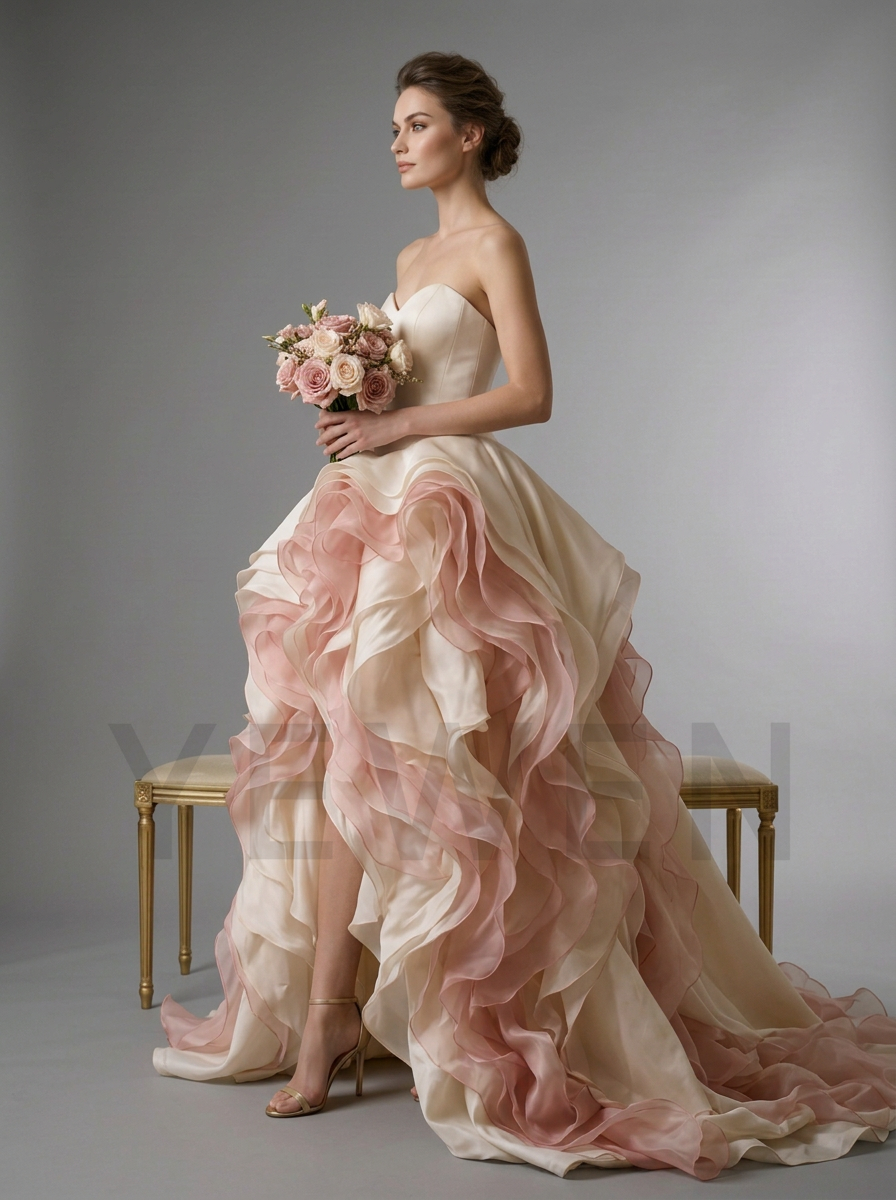Strapless Tiered Ruffle Evening Gown with High-Low Hem YD260924