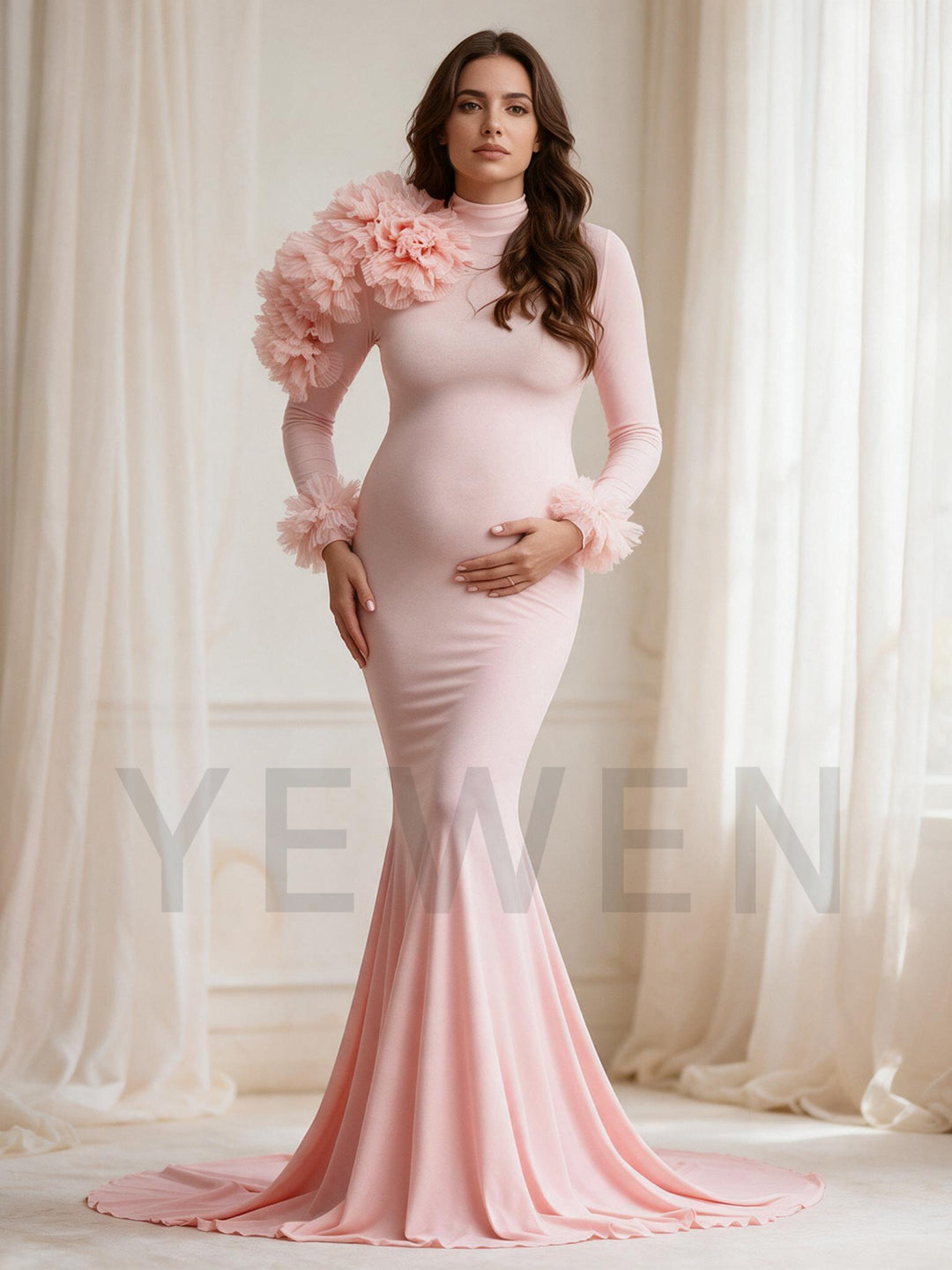 Pink Long Sleeve 3D Floral Mermaid Maternity Photoshoot Gown YW2610142