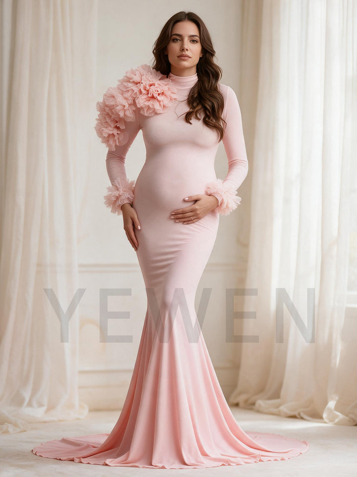 Pink Long Sleeve 3D Floral Mermaid Maternity Photoshoot Gown YW2610142