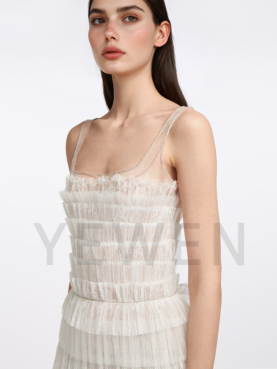 A Line Spaghetti Strap Lace Evening Dress Tulle Formal Party Dress