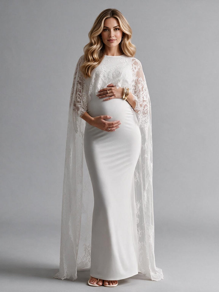 Crew Neck Lace Long Cape Maternity Dress for Baby Shower YM261012