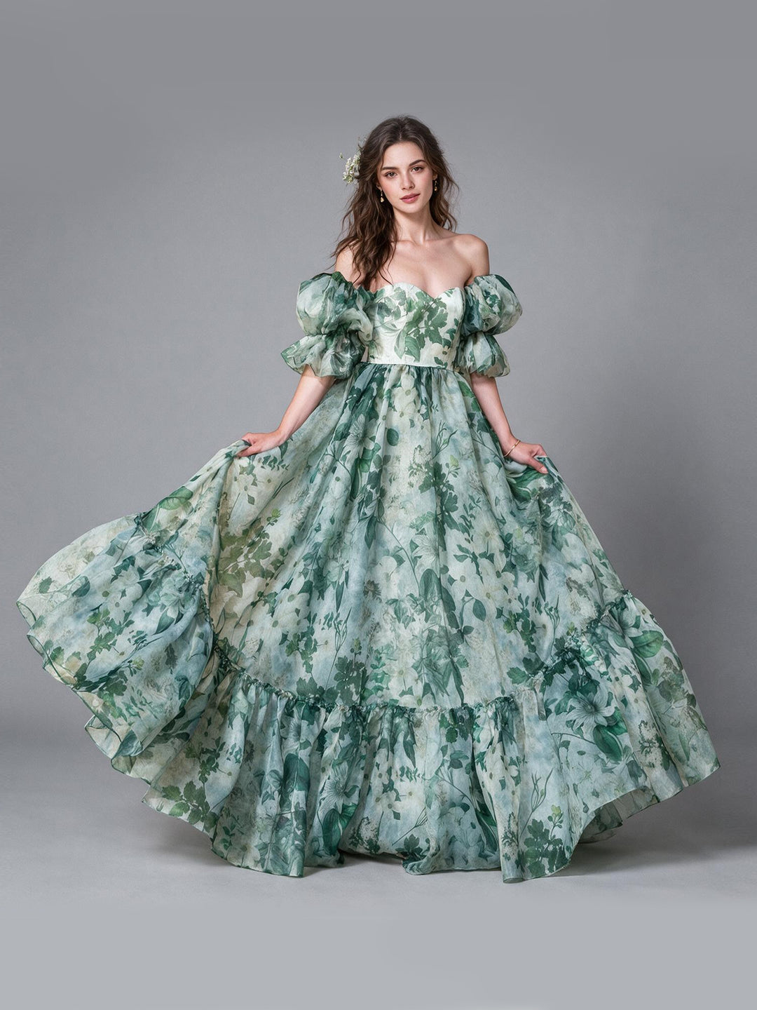 Green Floral Print Off-Shoulder Puff Sleeve Princess Dress YM260902