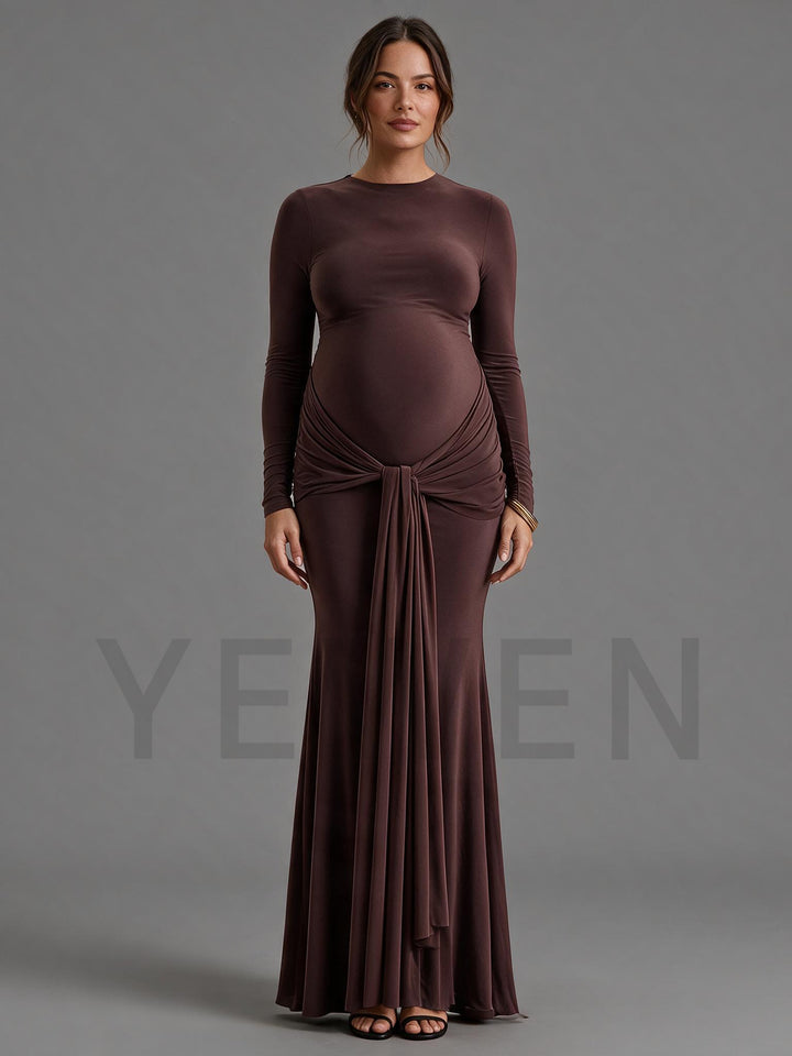 Brown Ruched Maternity Dress Fall Baby Shower Photoshoot Gown