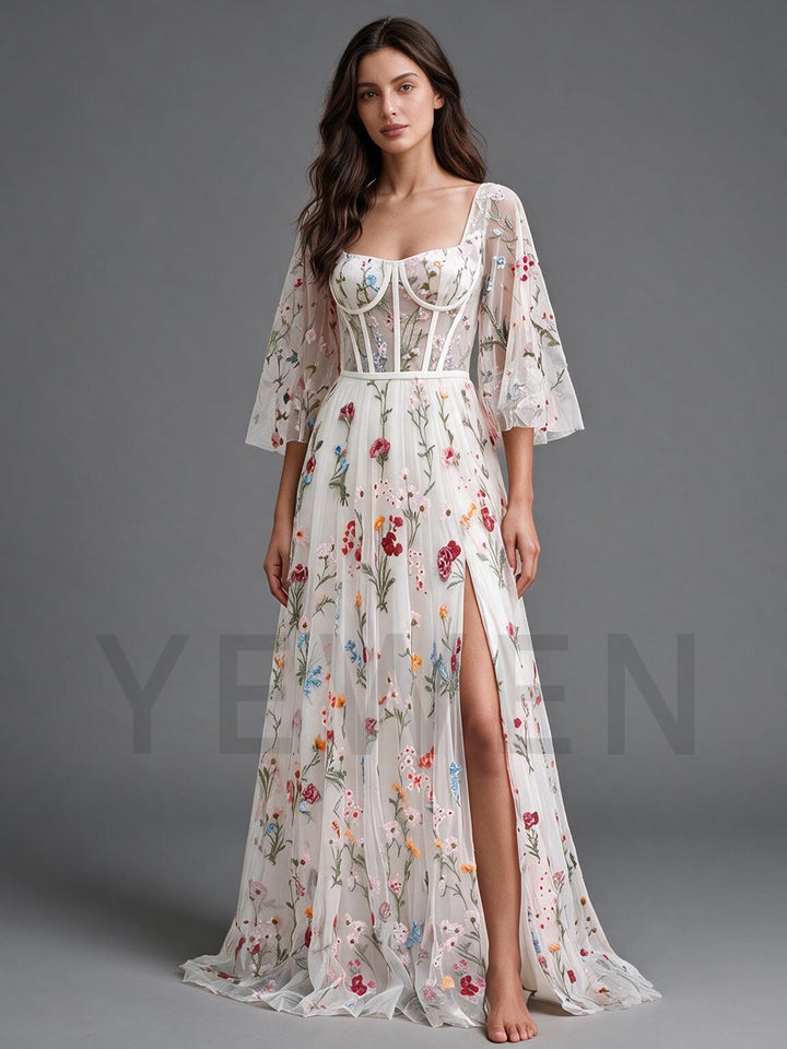 Ivory Sheer Sleeve Floral Boho Wedding Dress with High Slit Skirt