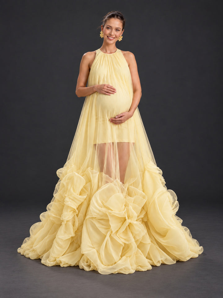 Yellow Halter 3D Ruffle Tulle Sheer Maternity Photoshoot Gown HA261001