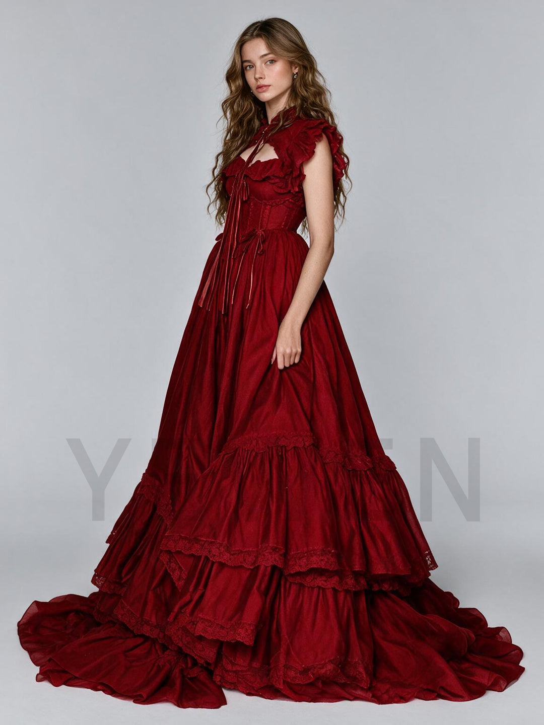 Burgundy High Neck Keyhole Corset Ruffle Christmas Dress YW2610094