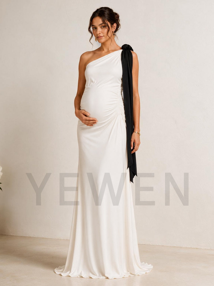 Ivory One-Shoulder Black Draped Sash Maternity Baby Shower Dress L-26930