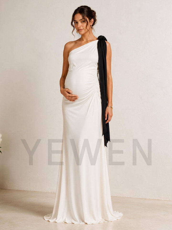Ivory One-Shoulder Black Draped Sash Maternity Baby Shower Dress L-26930