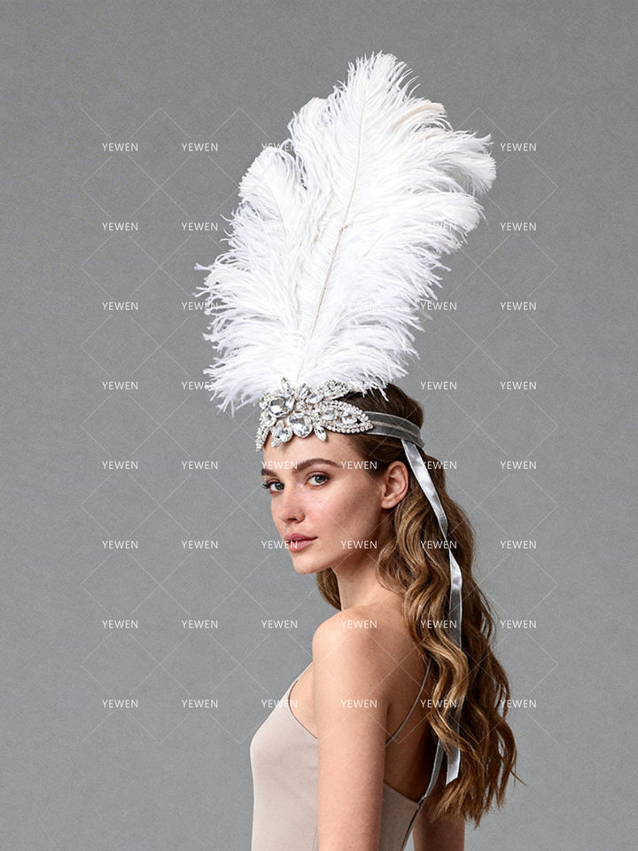 White Feather Gatsby Headpiece with Rhinestones Bridal Headband Hair Accessories for Wedding Photography YW2603112D
