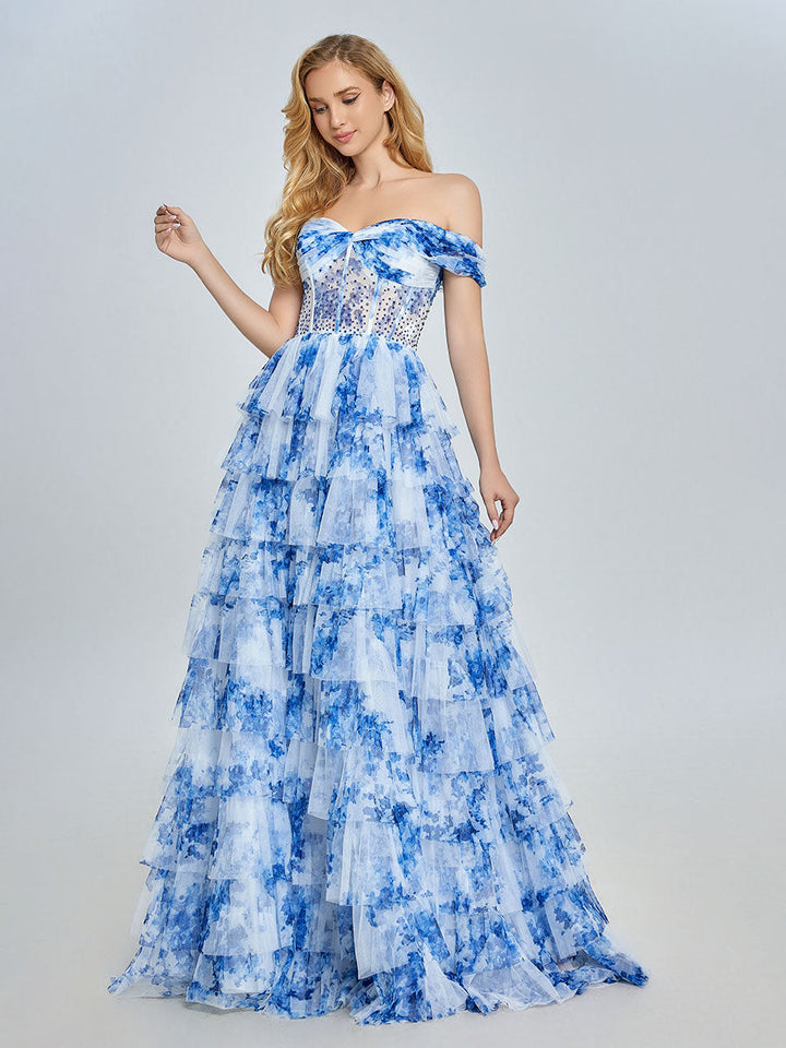 Off-Shoulder Blue Floral Tulle Gown Layered Prom Dress YE3025