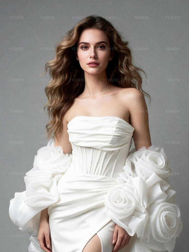 Elegant Bridesmaid Formal Party Dresses White Strapless Corset Satin Evening Gown with 3D Floral Cape for Wedding