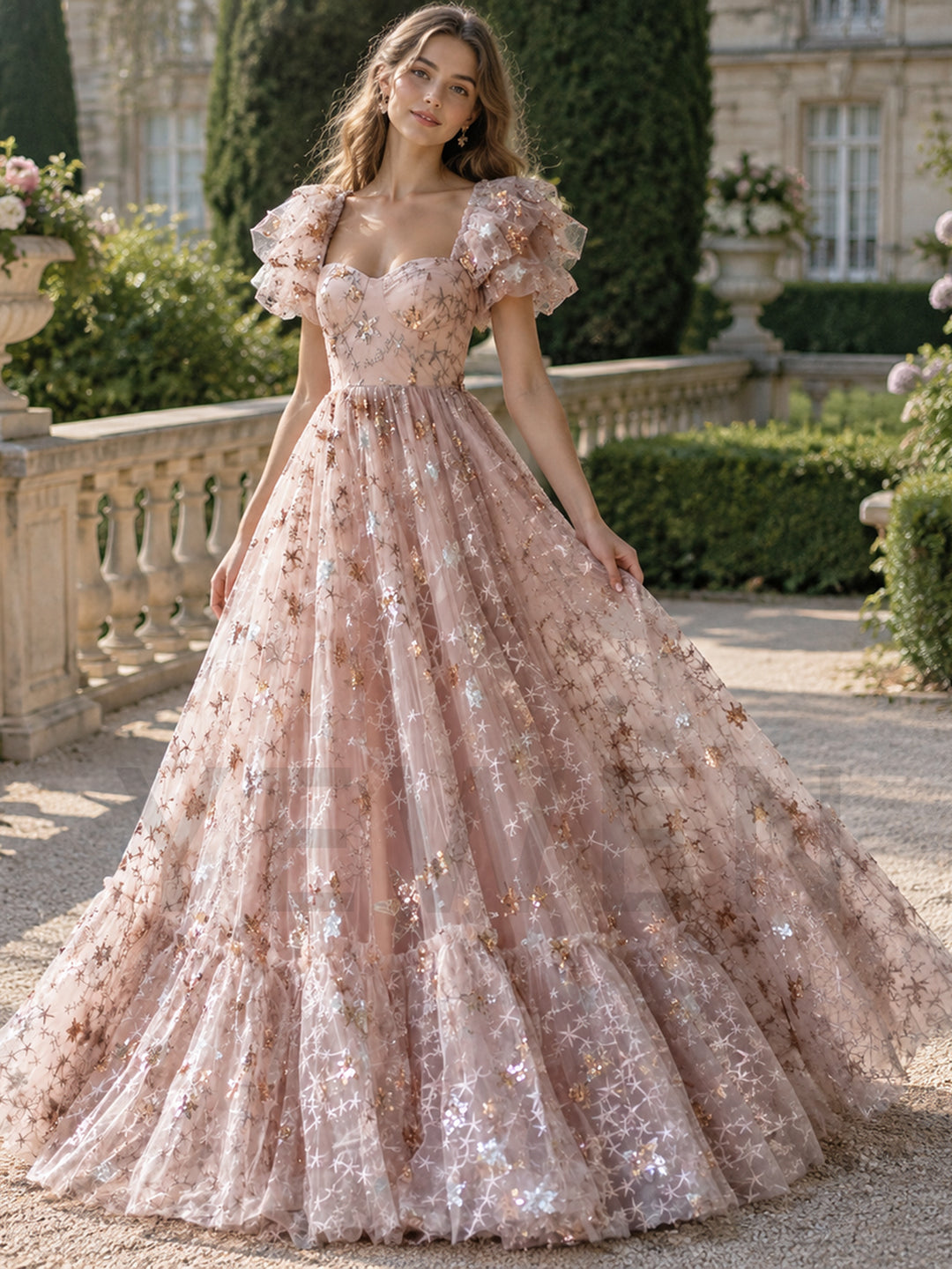Pink Star Sequin Puff Sleeve Tiered Ruffle Princess Dress YW2610137