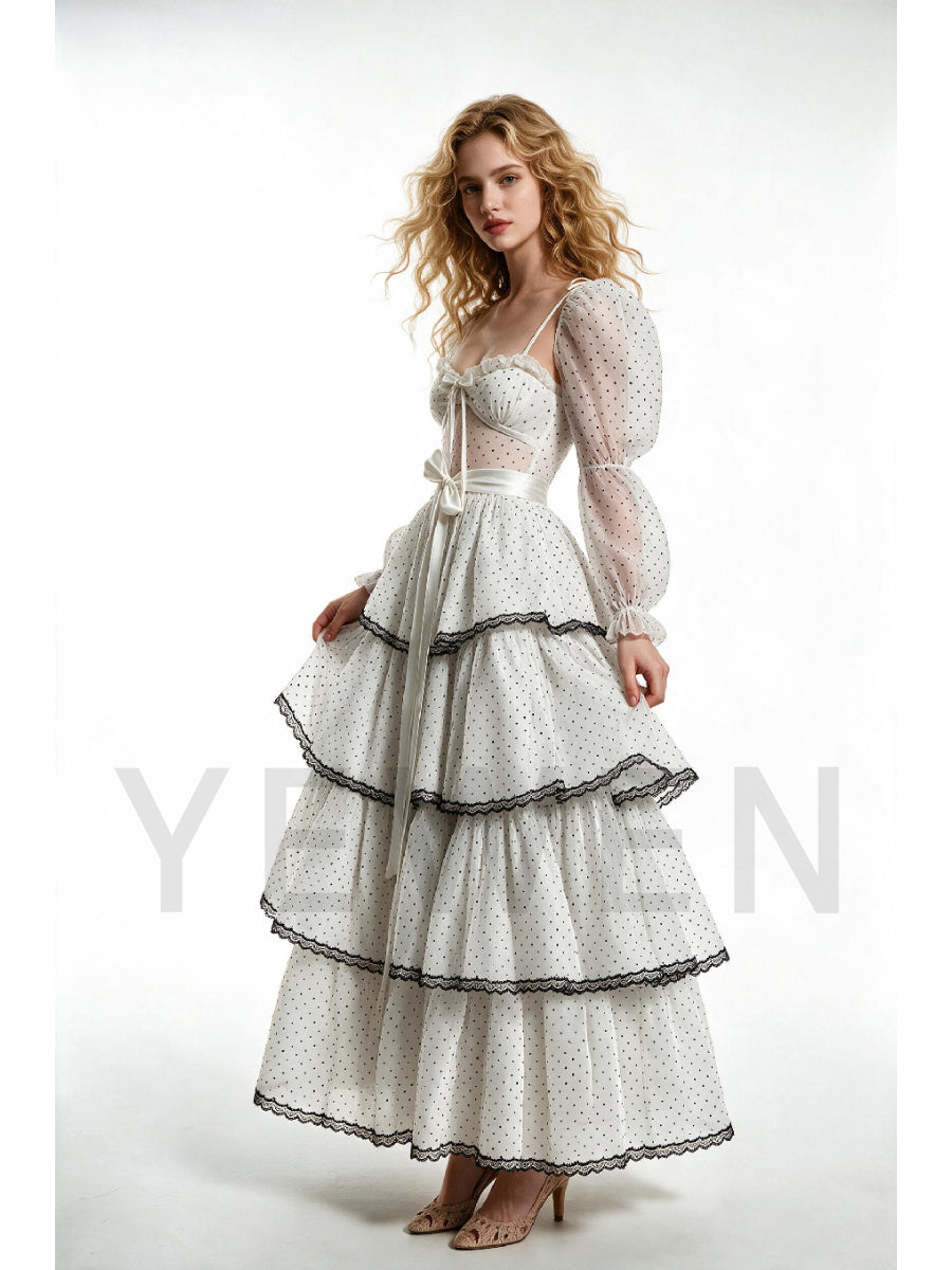 Ivory Polka Dot Sheer Puff Sleeve Black Lace Trim Princess Dress