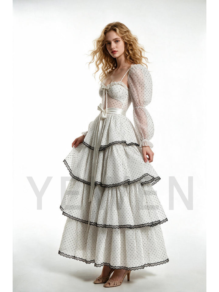 Ivory Polka Dot Sheer Puff Sleeve Black Lace Trim Princess Dress