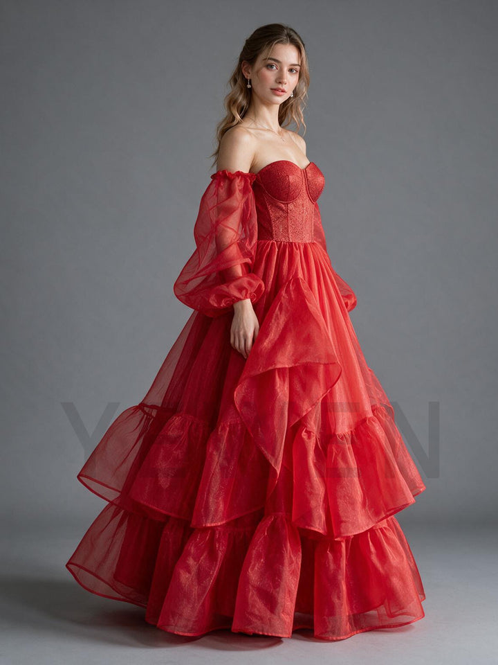 Strapless Puff Sleeves Tiered Ruffle Tulle Christmas Dress YW2610083