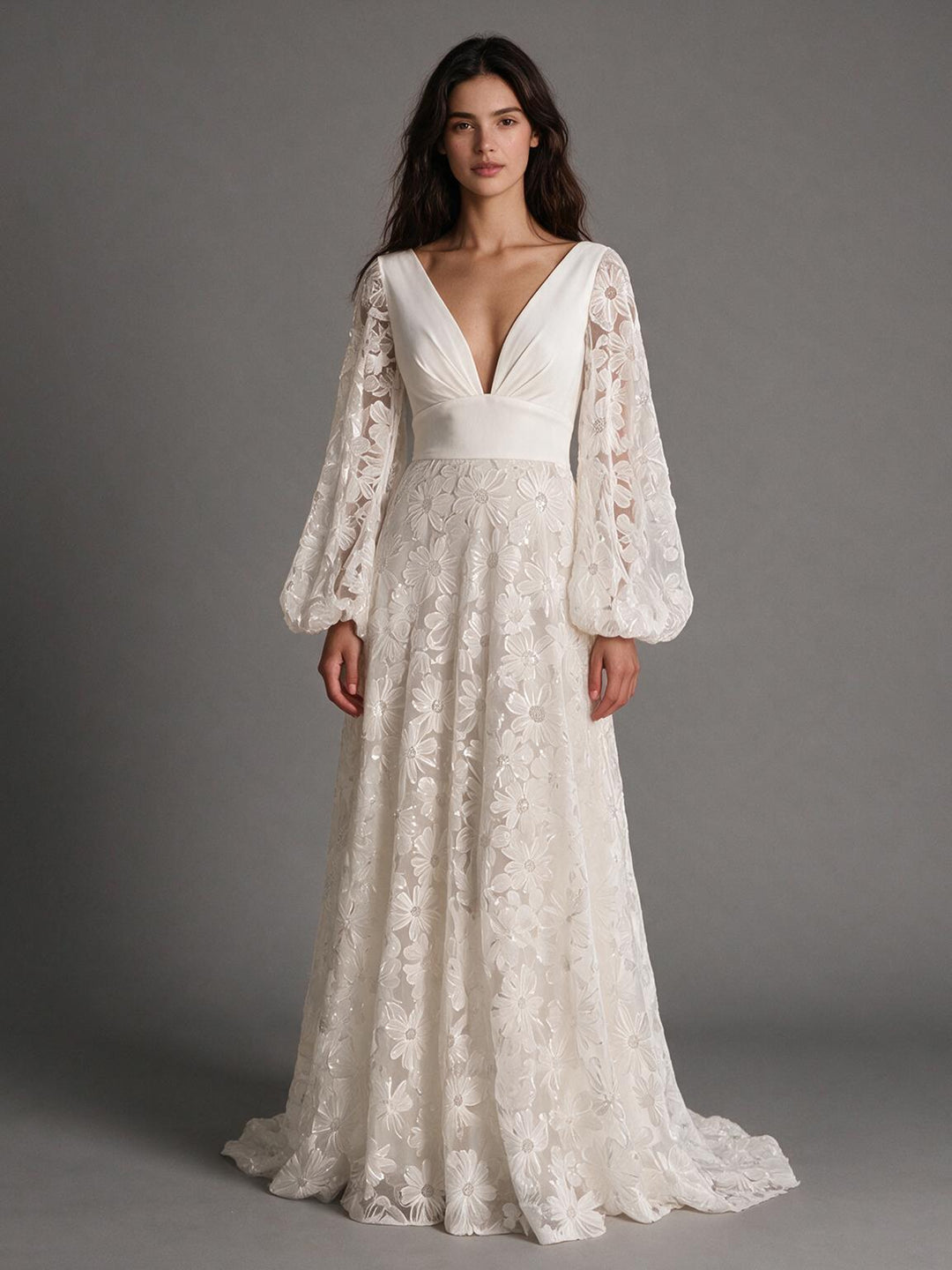 Ivory A-Line Floral Long Sleeve Lace Boho Wedding Dress