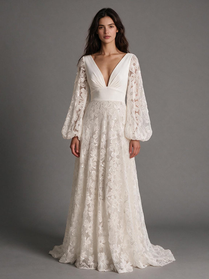 Ivory A-Line Floral Long Sleeve Lace Boho Wedding Dress