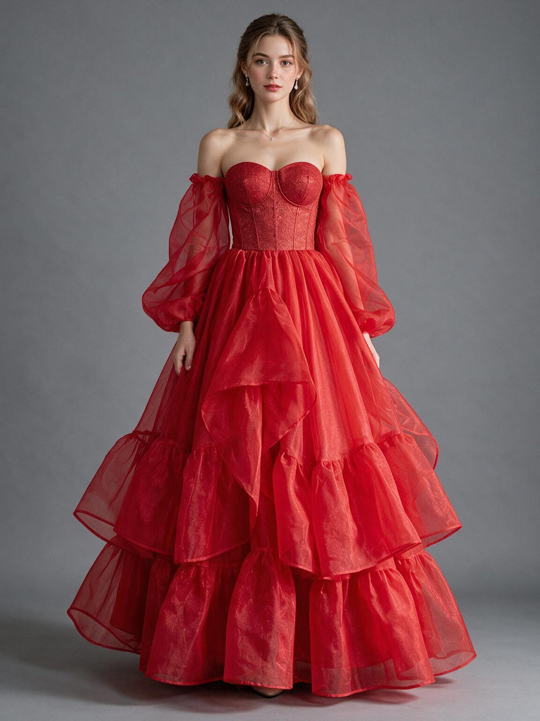 Strapless Puff Sleeves Tiered Ruffle Tulle Christmas Dress YW2610083