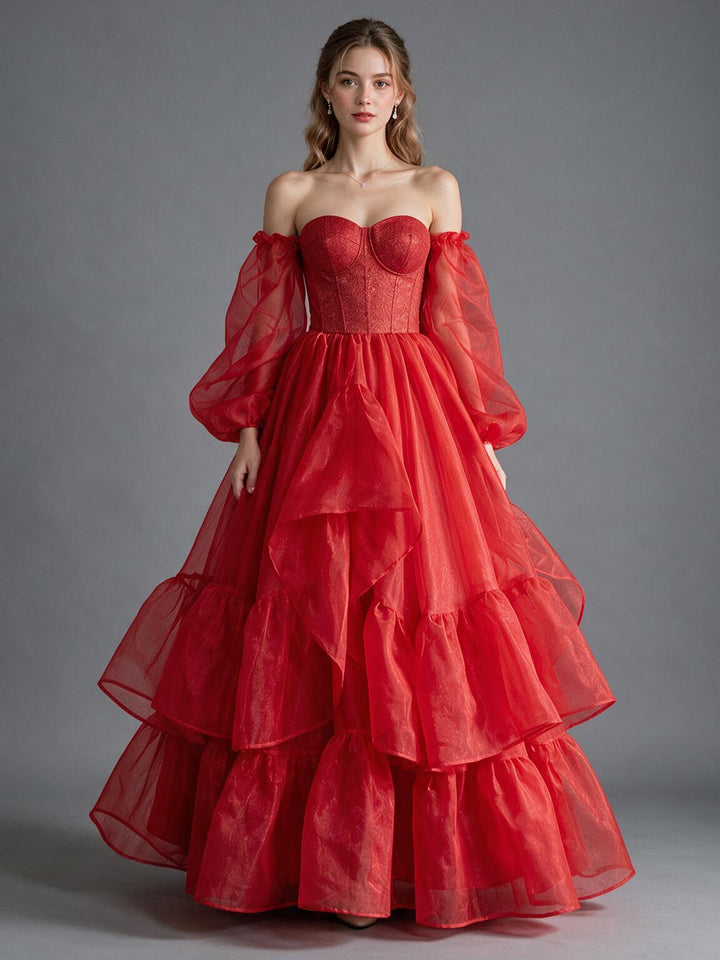 Strapless Puff Sleeves Tiered Ruffle Tulle Christmas Dress YW2610083