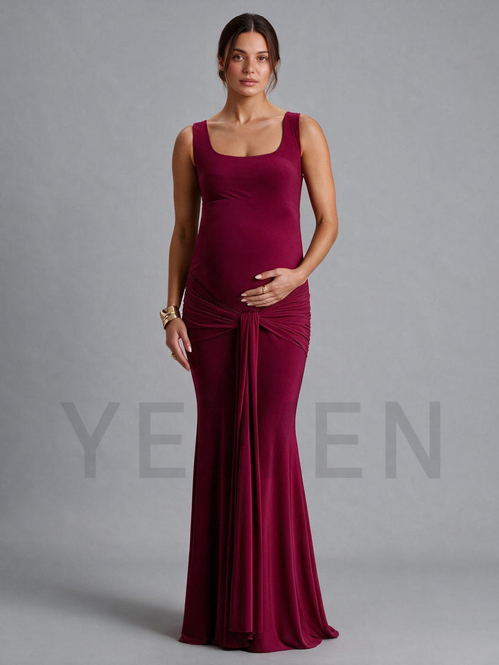Square Neck Sleeveless Twist Waist Maternity Dress for Baby Shower