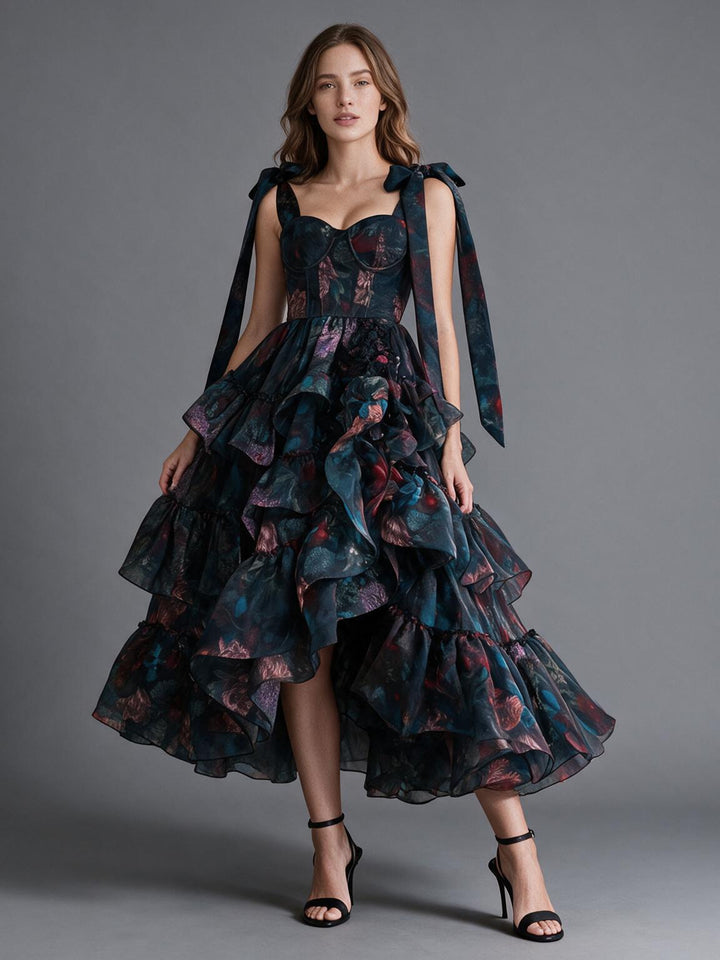 Tie Bow Floral Print Tiered Ruffle High-Low Princess Dress YW2610132