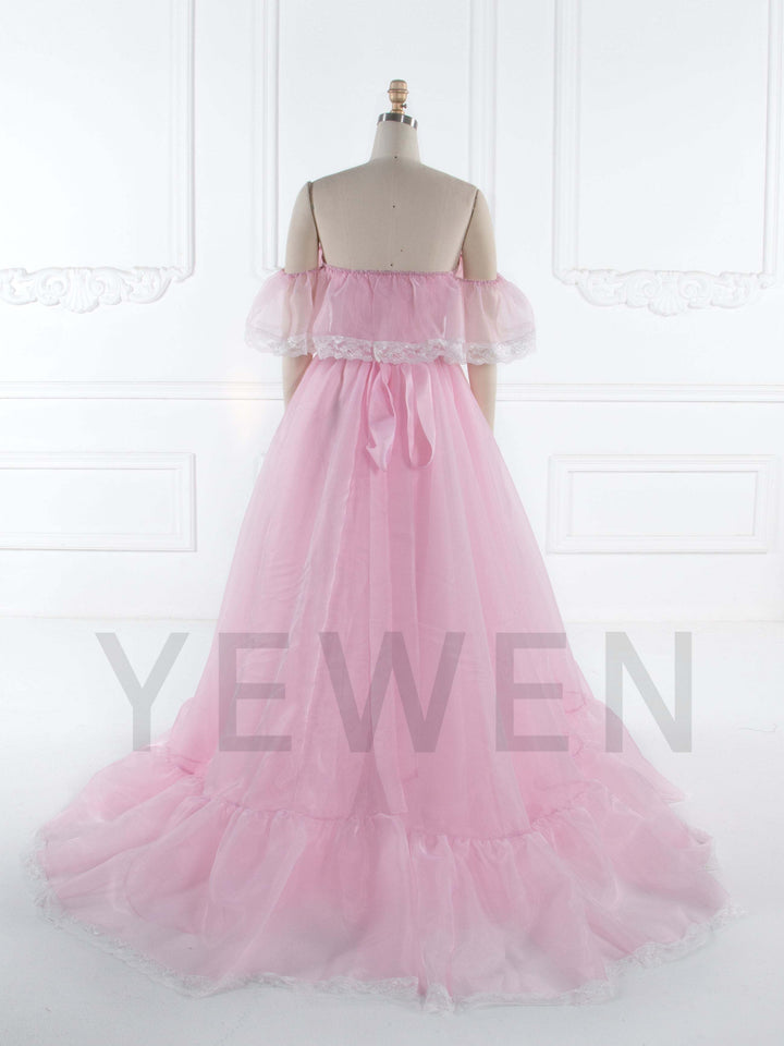 Back view of pink fairy dress with lace details and elegant organza skirt for party and wedding events