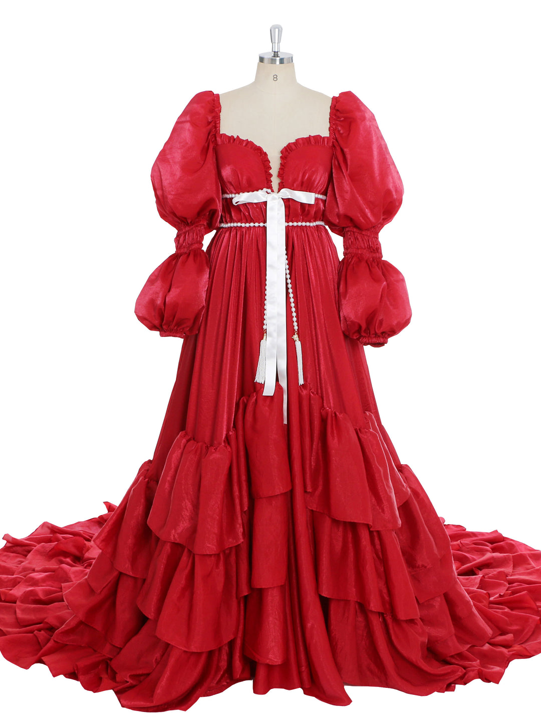 Front view of fairy dress featuring a red elegant gown design for Christmas parties, photography, and formal events