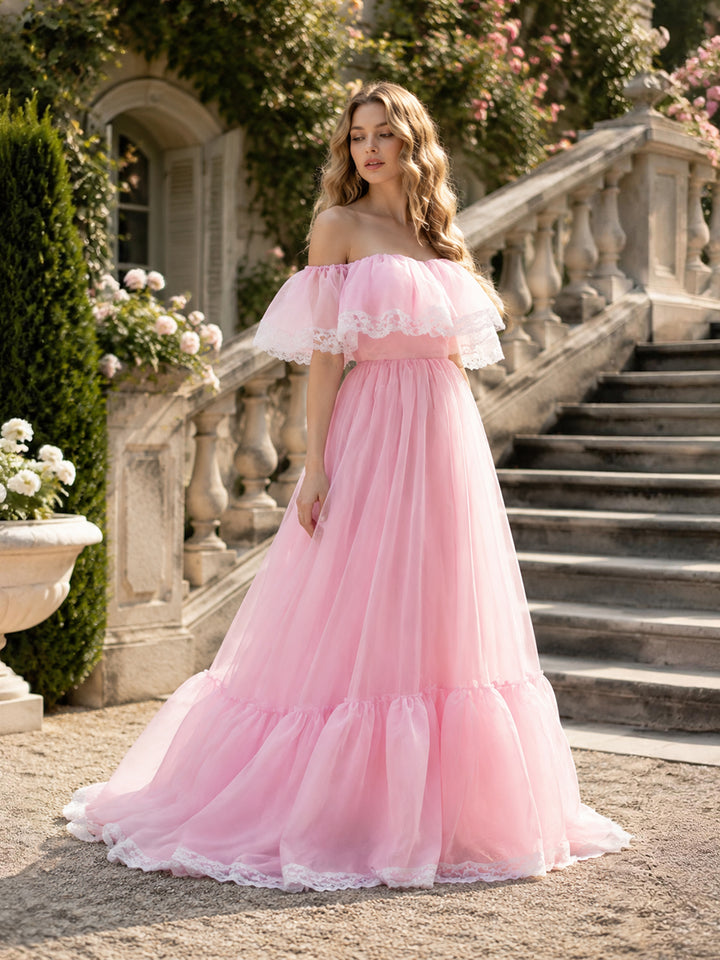 Full body view of fairy dress with pink organza skirt and lace details for prom and formal events