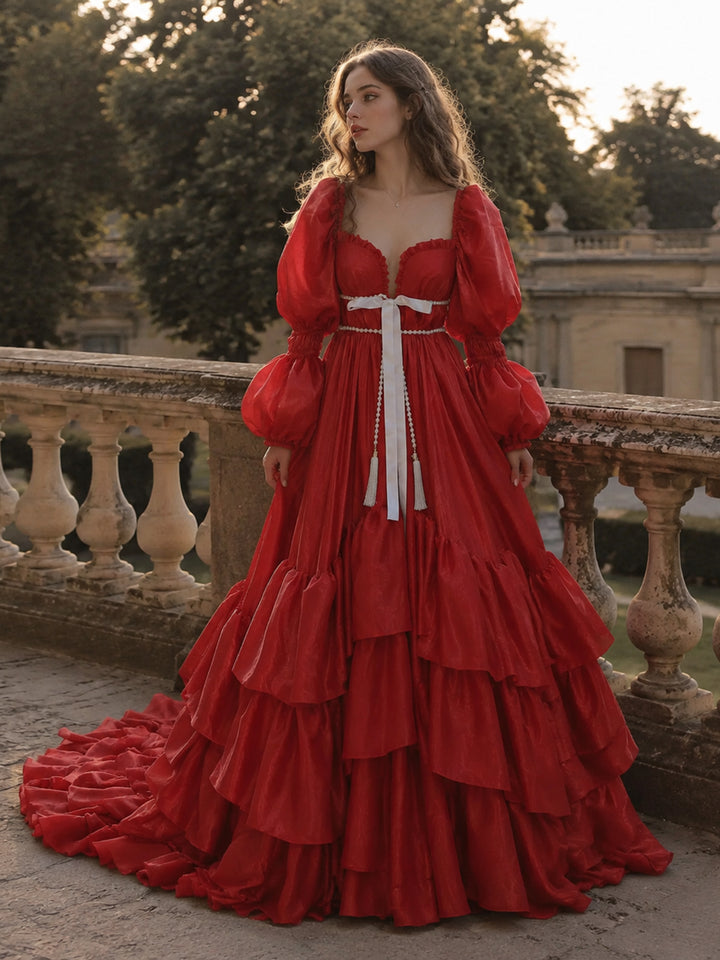 Elegant fairy dress with red Christmas holiday style designed for photo shoots, prom events, and special occasions