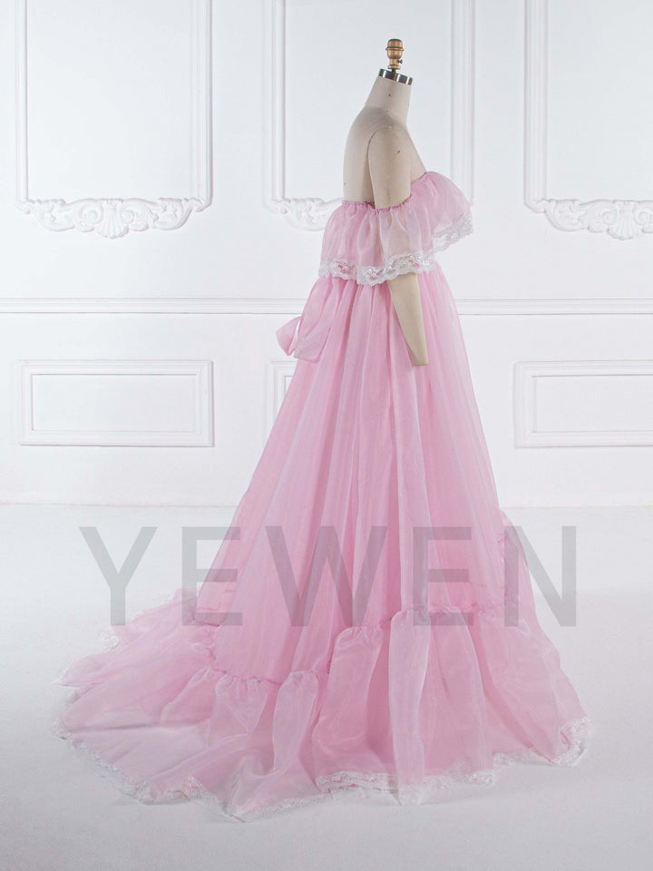 Side view of fairy dress showing flowing organza layers and romantic design for wedding guest occasions