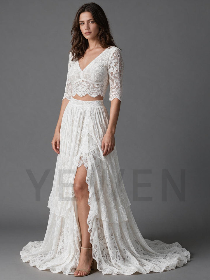 Ivory Two-Piece V-Neck Lace Crop Top Elbow Sleeve Boho Wedding Dress