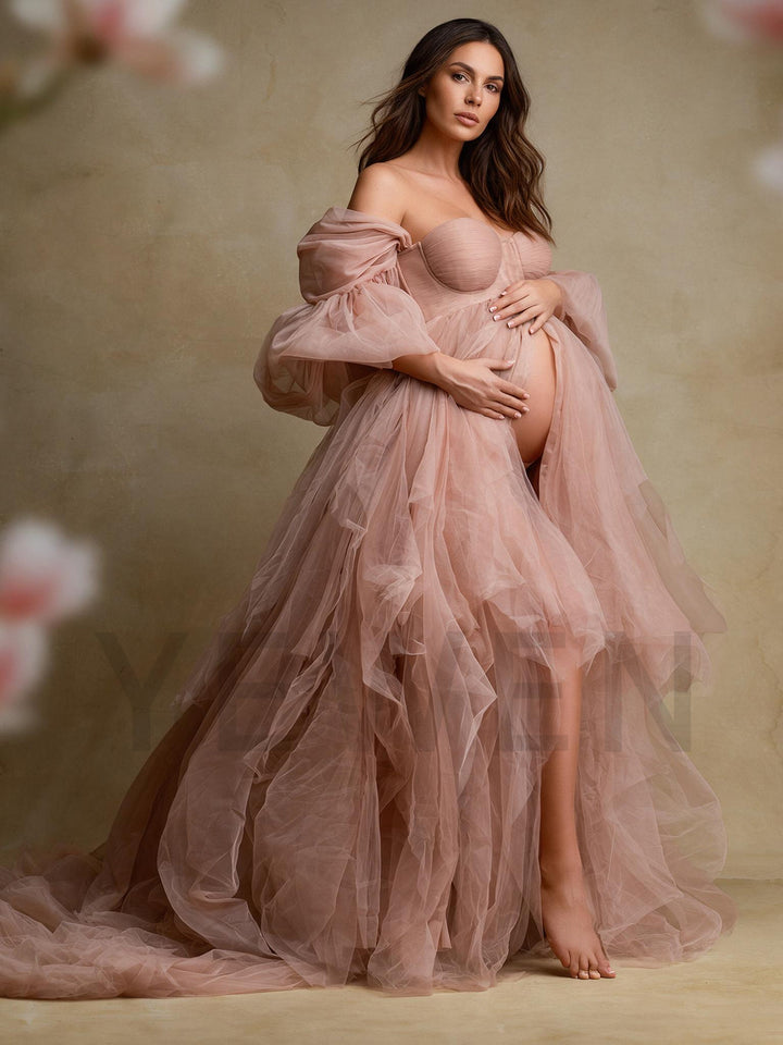 Puff Sleeve Tulle Off-Shoulder Maternity Photoshoot Gown YW2610144