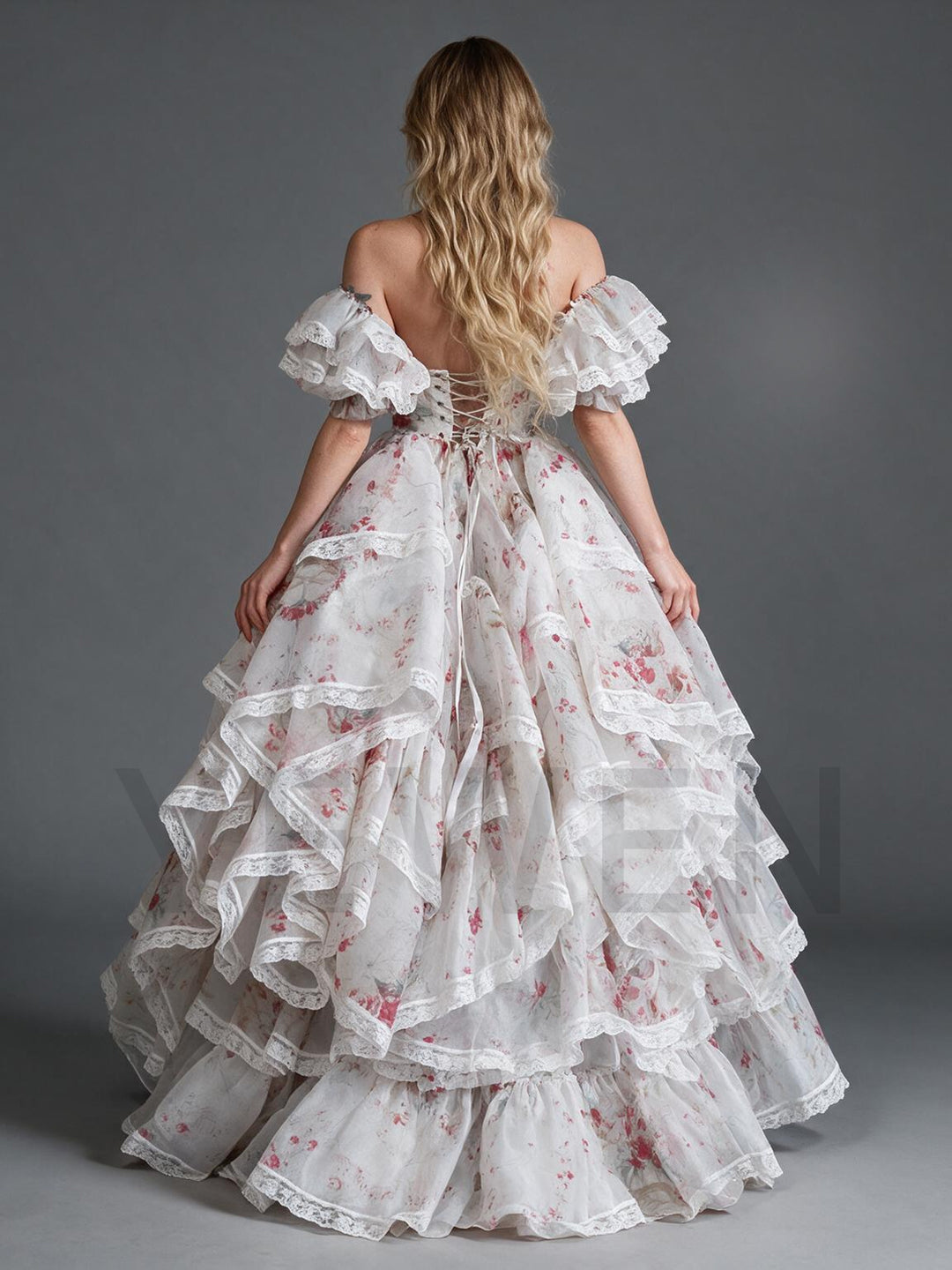 Floral Print Lace Off-Shoulder Tiered Ruffle Princess Dress YW26101411