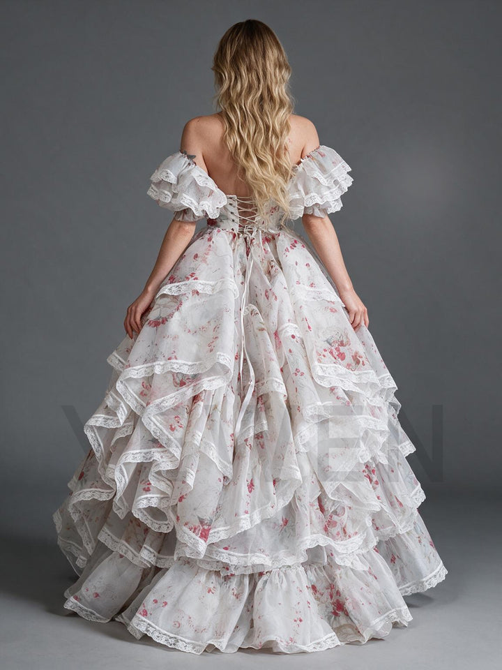 Floral Print Lace Off-Shoulder Tiered Ruffle Princess Dress YW26101411