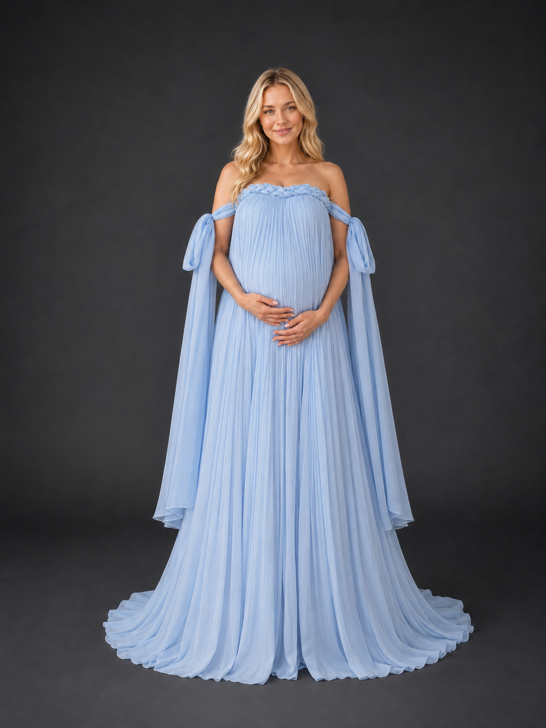 Blue Shoulder Draped Cape Pleated Maternity Photoshoot Gown HY269004