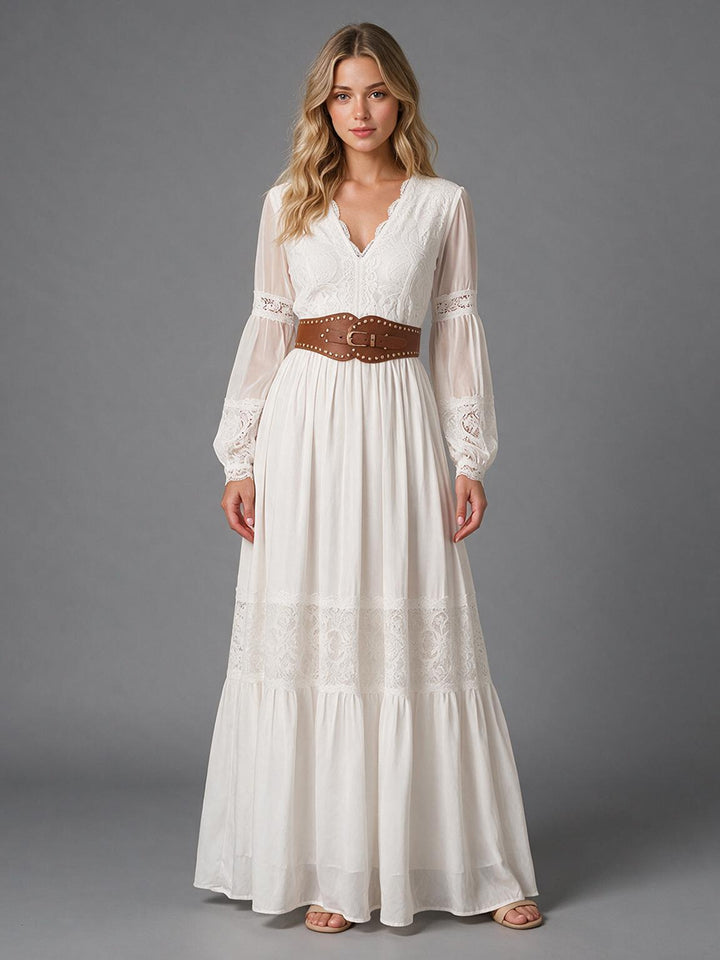 Ivory V-Neck Long Sleeve Boho Wedding Dress with Brown Belt