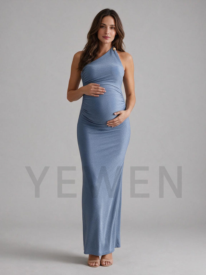 Asymmetrical One-Shoulder Stretch Maternity Dress for Baby Shower