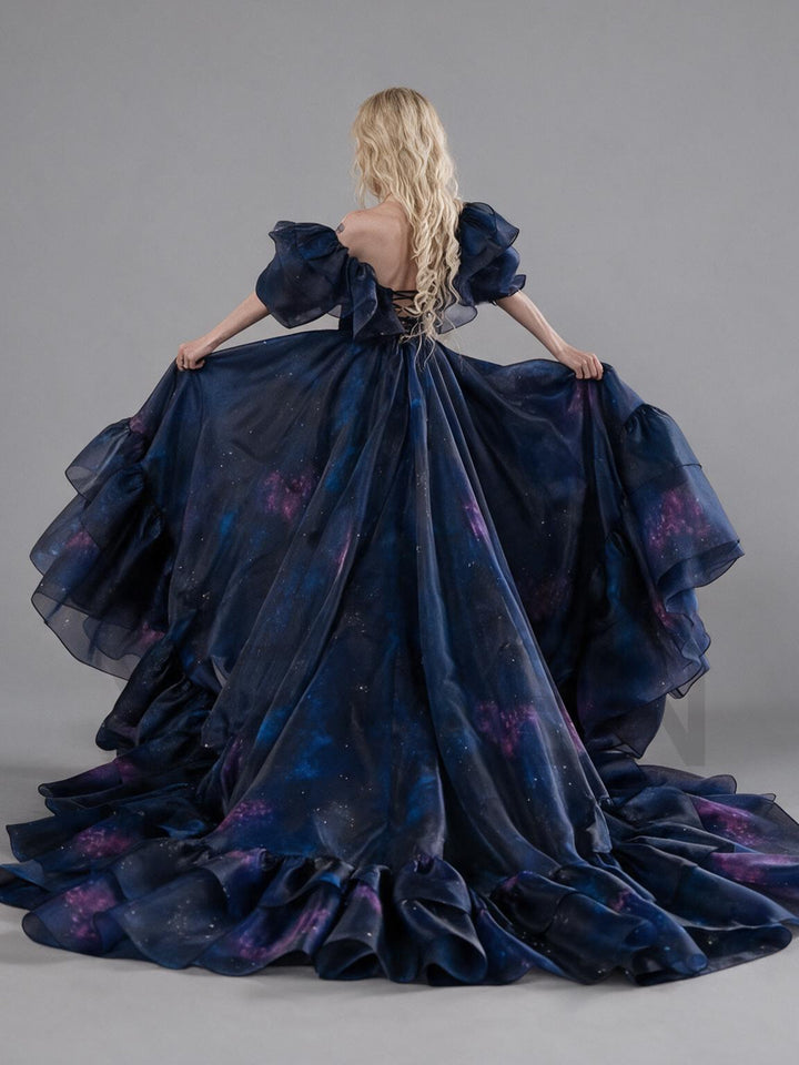 Navy Galaxy Off-Shoulder Ruffle Puff Sleeve Princess Dress YW2609275